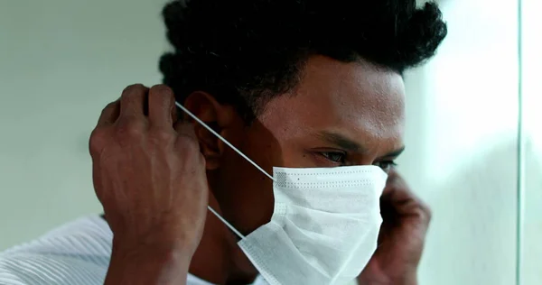 African American Man Putting Covid Mask Black Person Puts Virus — Stock Fotó
