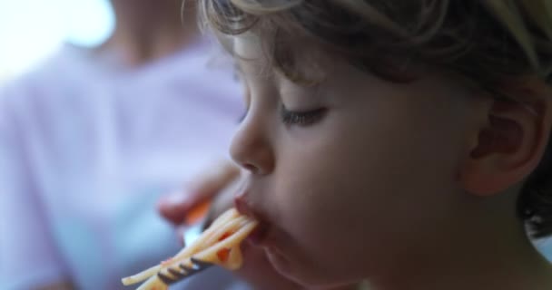 小さな男の子に親の摂食障害 子供はスパゲティを食べる顔を閉じます 空腹の小さな子供は炭水化物の食べ物を食べる — ストック動画