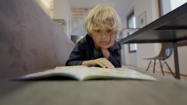 家里的孩子在看杂志 一个小男孩被故事催眠了 下巴被童书吸引住了 — 图库视频影像