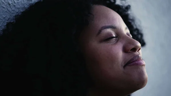 One Hopeful Meditative Young Black Woman Eyes Closed Contemplation Faithful — Stock Photo, Image