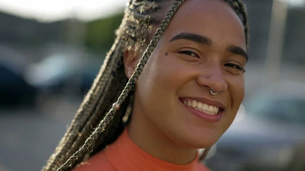 Portrait Black Hispanic Latin Young Woman Smiling Camera Brazilian Latin — Stock Photo, Image