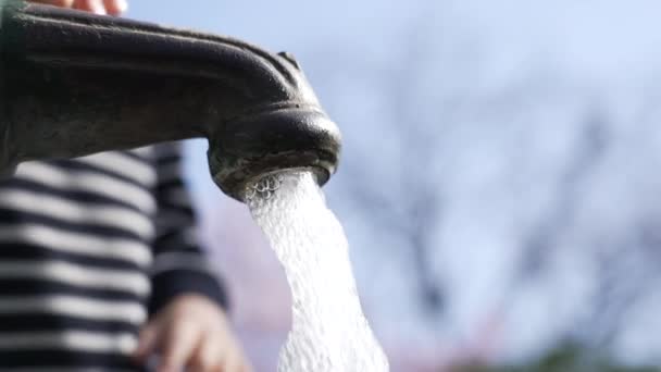 Крупный План Текущей Воды Фонтана Общественном Парке Ребенок Пьет Воду — стоковое видео