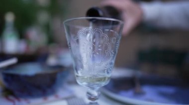El, beyaz şarabı cama döküyor. Aperatiften hoşlanan alkollü içecek servisi yapan ve bardakları toplayan kişi