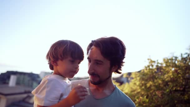 自然の中で外で腕の中で息子を保持父 — ストック動画