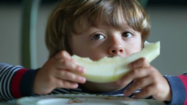 Yeşil karpuz meyvesi yiyen çocuk sağlıklı abur cubur yiyor.