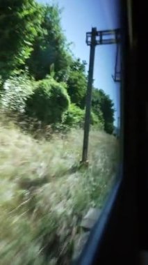Hareket halindeki trenin pencere manzarası. Hareket halindeki demiryolu taşımacılığı. Dikey Video