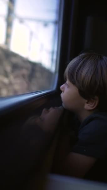 Jeden Malý Chlapec Cestuje Vlakem Dítě Zírá Okna Pohybu Svislé — Stock video