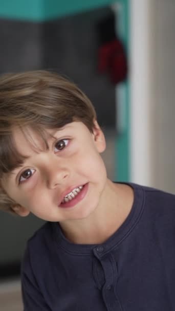Egy Játékos Kisfiú Közelről Nézi Kamerát Egy Imádnivaló Gyermek Portréja — Stock videók