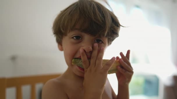 Kind Beißt Melone Fruchtdessert Ein Kleiner Junge Isst Gesunde Leckere — Stockvideo