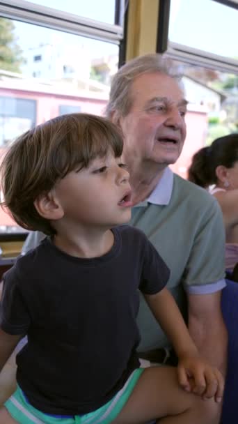 Torun Büyükbabayla Trenle Seyahat Ediyor Küçük Bir Çocuk Büyük Ebeveyn — Stok video
