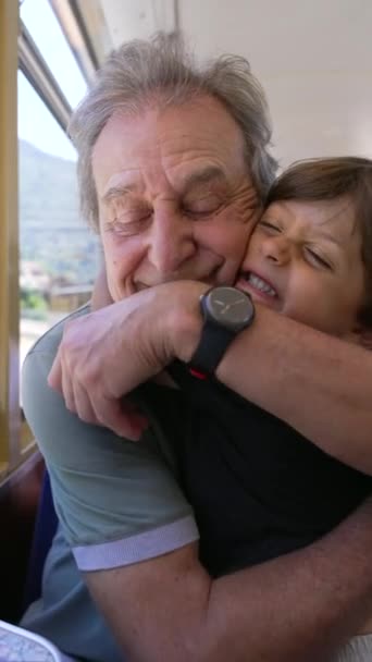 Mały Wnuk Przytulający Dziadka Podczas Podróży Pociągiem Wakacje Moment Życia — Wideo stockowe