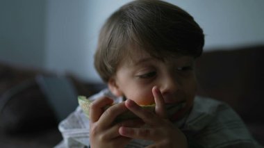 Çocuk kavun meyvesi bitiriyor. Küçük çocuk meyveli tatlı yiyor. Çocuk sağlıklı besleniyor.