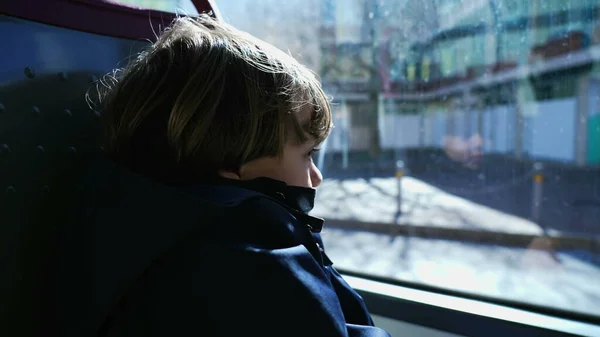 One Pensive Child Bus Thoughtful Small Boy Looking Out Window — Stock Photo, Image