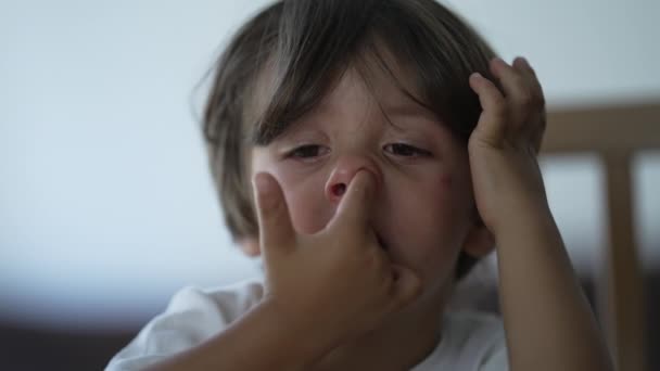 Παιδί Σκαλίζει Μύτη Από Κοντά Πορτρέτο Ενός Μικρού Αγοριού Σκαλίζει — Αρχείο Βίντεο