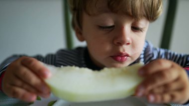 Karpuz meyvesi yiyen küçük çocuk sağlıklı atıştırmalıklar yiyor.