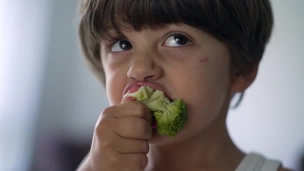 Liten Pojke Äter Broccoli Supermat Porträtt Ett Barn Äter Hälsosamma — Stockvideo