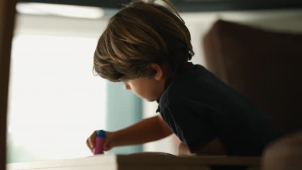Відвертий Молодий Хлопчик Малює Папері Ручкою Творча Дитина Займається Шкільною — стокове відео