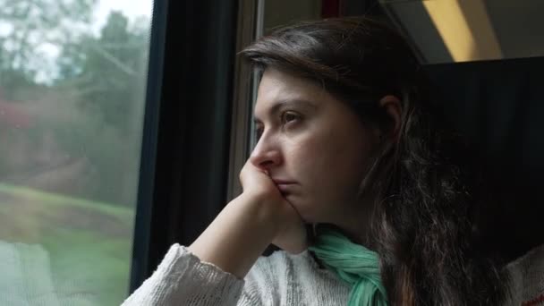 女性の乗客の目を開きながら 電車の風景を見て旅を通過します トンネルに入った昼寝から目覚める女 — ストック動画