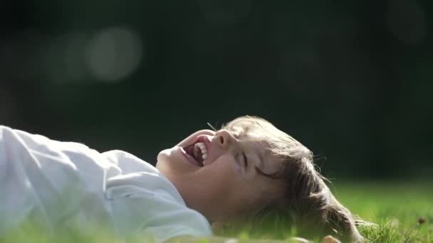 Tickling One Happy Young Boy Lying Grass Closeup Face Kid — Vídeos de Stock