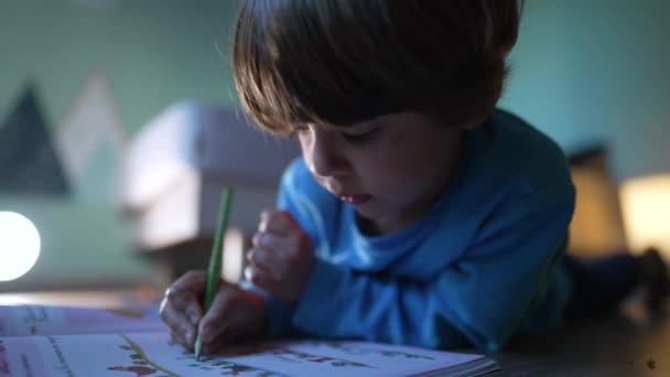 Ein Fokussierter Kleiner Junge Zeichnet Mit Rotstift Auf Papier Großaufnahme — Stockvideo