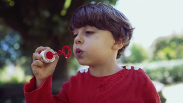 Nettes Glückliches Kind Das Draußen Park Blasen Pustet Ein Kleiner — Stockvideo