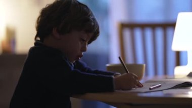 Kağıda çizim yapan konsantre bir çocuk. Geceleri evde sanat yapan zeki yaratıcı çocuk.