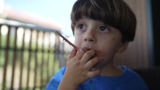 かわいい乱雑な子アイスクリームを食べる 小さな男の子はチョコレートアイスクリームで覆われて — ストック動画