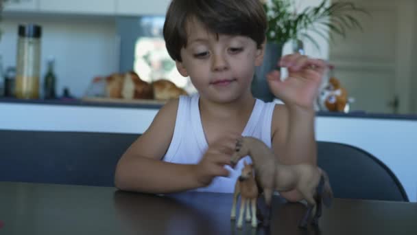 Child Playing Toys Home One Small Boy Plays Toy Horses — Video