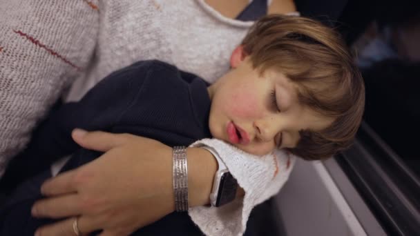 電車で旅行中に母親の腕の中で眠っている子供 1人の小さな男の子が眠りについた 小さな子供の昼寝 — ストック動画