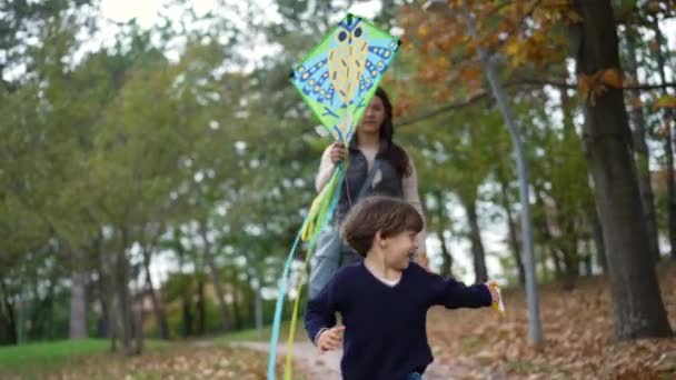 Happy Child Hardlopen Met Vlieger Het Park Tijdens Het Najaar — Stockvideo