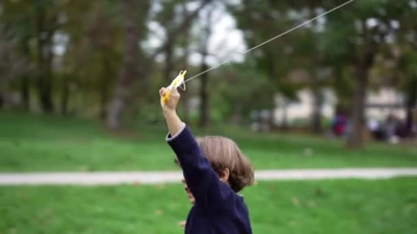 Happy Child Running Kite Park Autumn Season One Little Boy — Vídeos de Stock