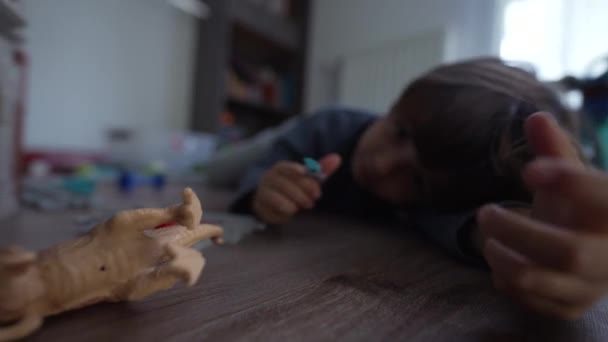 Joyful Child Playing Toys Bedroom Little Boy Laying Floor Having — Video Stock
