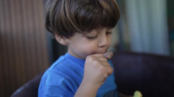 Criança Comer Gelado Chocolate Retrato Criança Come Sobremesa Doce — Vídeo de Stock