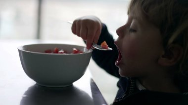 Küçük çocuk sağlıklı kase domates yiyor.