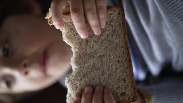 Çocuk Sandviçi Yiyor Karbonhidratlı Atıştırmalık Elinde Küçük Bir Çocuk Dikey — Stok video