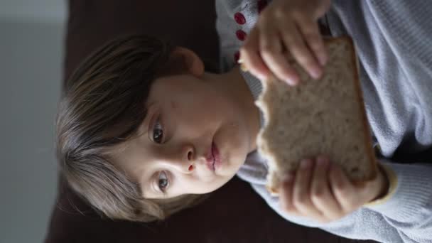 Dítě Leží Gauči Svačí Sendvič Uvolněné Dítě Jíst Sacharidy Při — Stock video