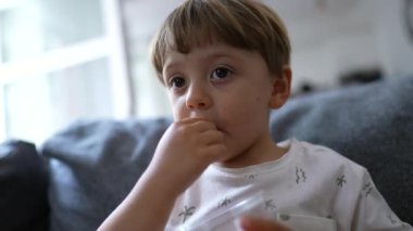 Baby eating blueberries sitting on sofa. Infant one year old toddler eats healthy snack