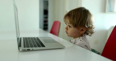Küçük çocuk dizüstü bilgisayara bakıyor ve medyayı izliyor. Bebek çizgi film izliyor.