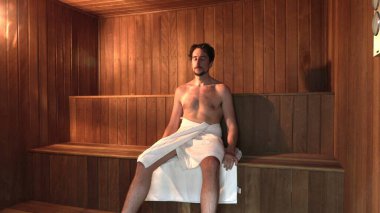 Adam saunaya rahatlamak için giriyor. İçerde oturan kişi saunada dinleniyor.