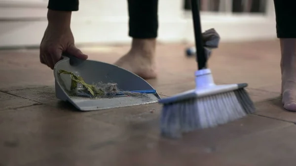 Person with brush and dustpan sweeping floor at home. housework, cleaning and housekeeping concept