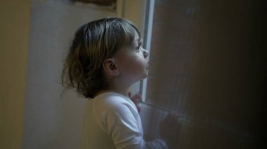 Toddler child staring outside standing by window at home