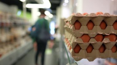 Closeup eggs on shelf at grocery store. Food on display at local market