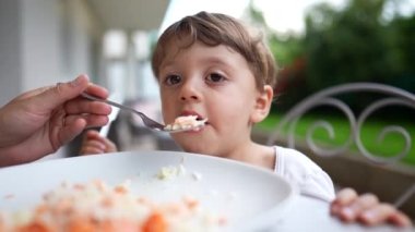 Child eating lunch. Tired 2 year old boy rubbing eyes being fed food. Mother feeding little son meal at home backyard