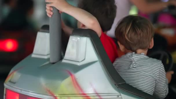 Children Having Fun Bumper Car Fun Fair Little Boy Driving — Vídeos de Stock