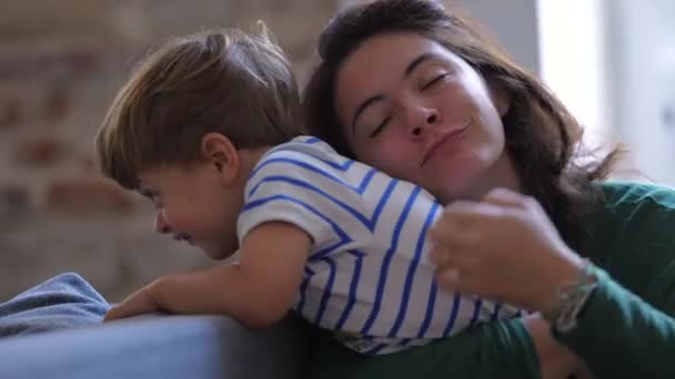 Motherhood Love Affection Parent Hugging Embrace Little Boy Son Mom — Stockvideo