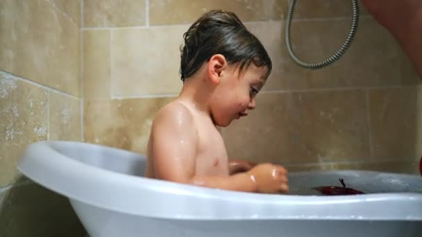 Toddler Baby Playing Toy Bath Tub Child Bathing Seated Small — Video Stock