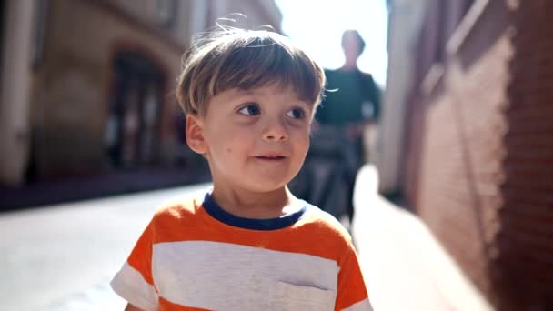 One Happy Little Boy Walking City Street Sunny Day Child — Stockvideo