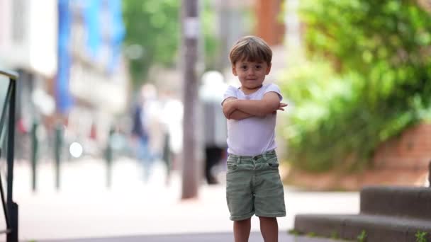 One Cute Little Year Old Boy Standing City Street Arms — Vídeo de Stock