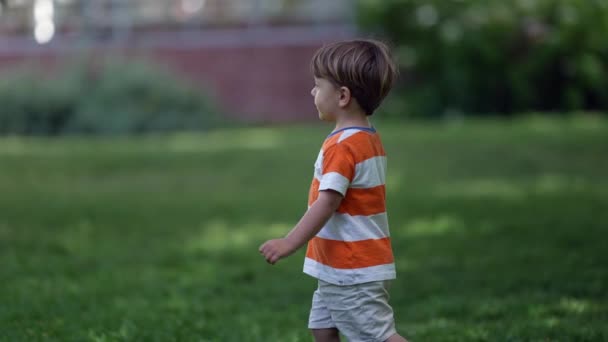 可爱的小男孩赤脚走在外面的草地上 阳光明媚的夏日 孩子们在公园外面散步 — 图库视频影像