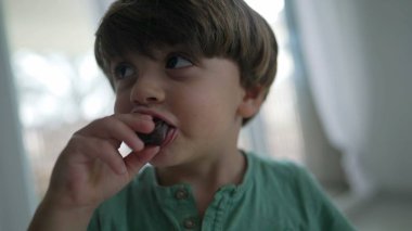 Çikolata yiyen mutlu bir çocuk. Küçük çocuk tatlı yiyor. Yakından bakınca tatlı.